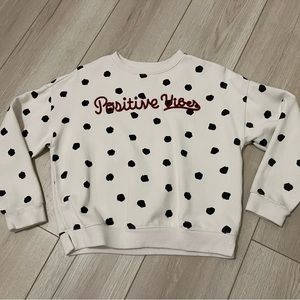 Girls 10-12 Black White Dalmatian Print sweatshirt “Positive Vibes” embroidery